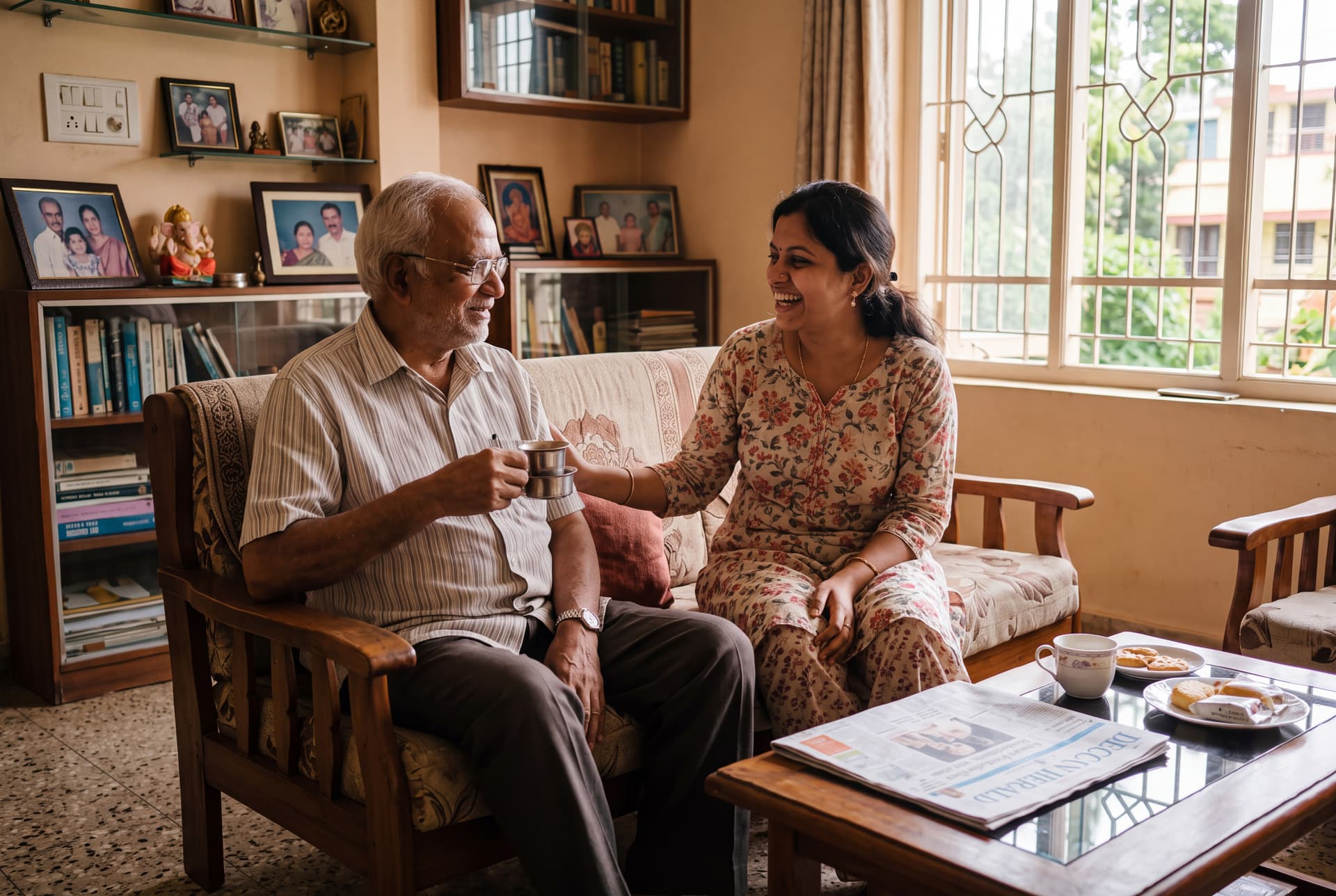 An elder and his Concierge sharing morning coffee at home in Bengaluru