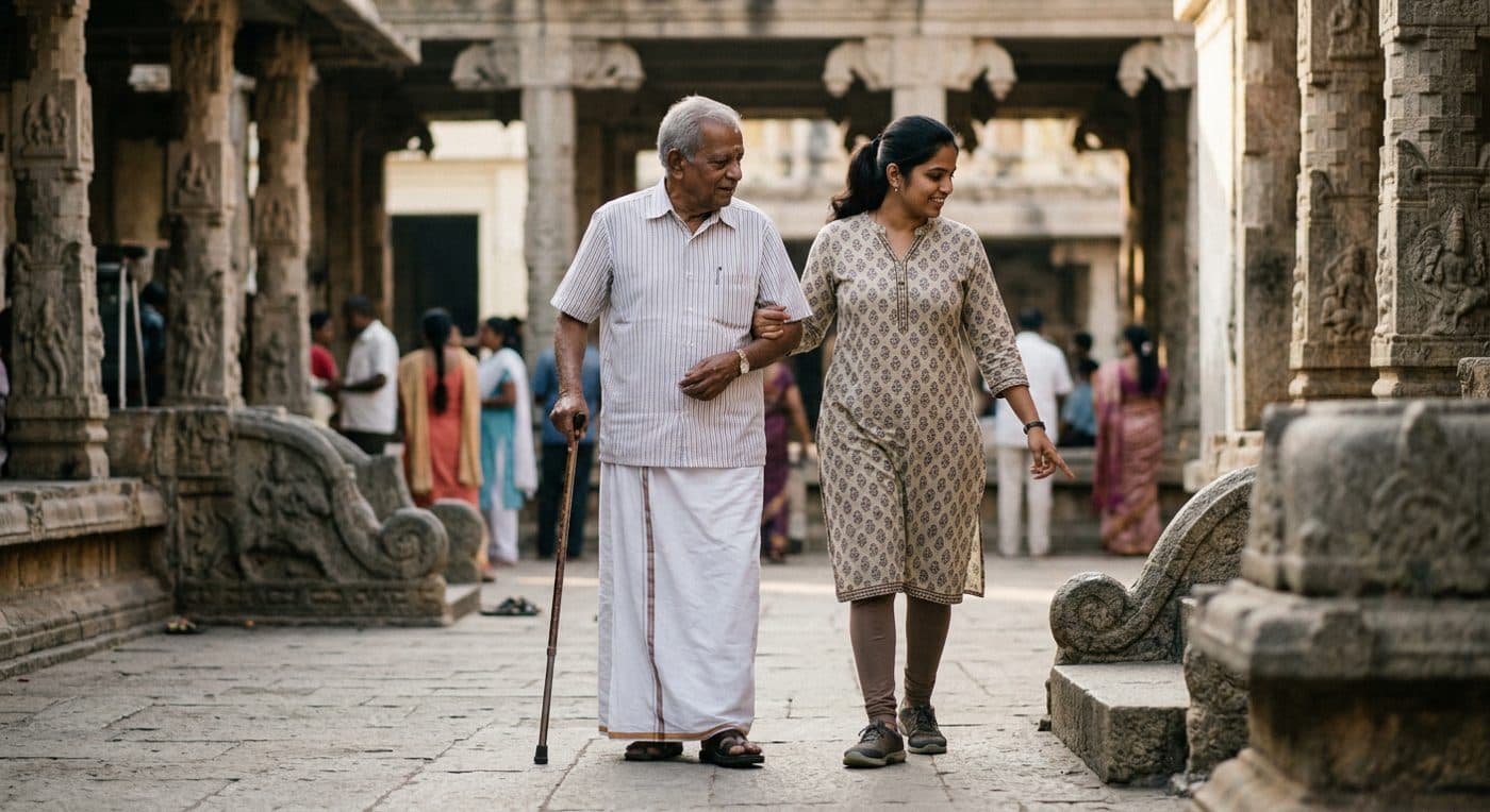 A Concierge and an elder walking together through a temple courtyard