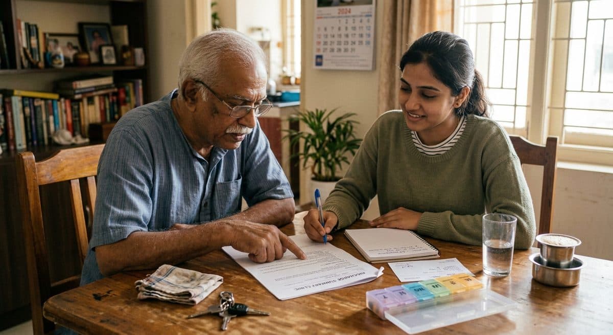 A Concierge and an elder reviewing a discharge summary at home