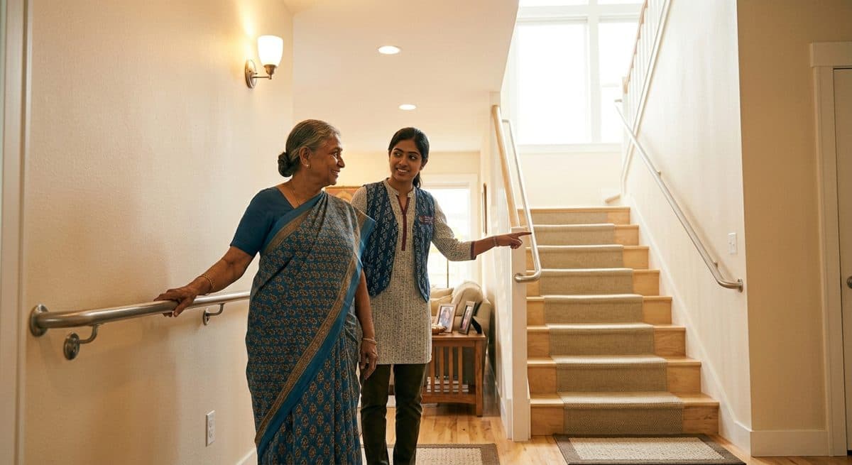 An elder using a grab rail as the Concierge points to a safe staircase