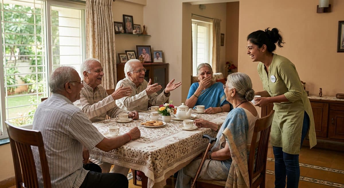 A group of elders laughing together at a monthly high tea