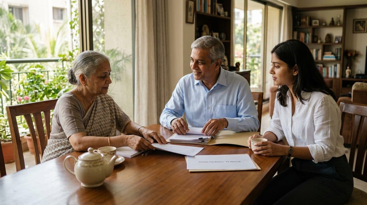 An elder couple and the Concierge going over paperwork at home over tea