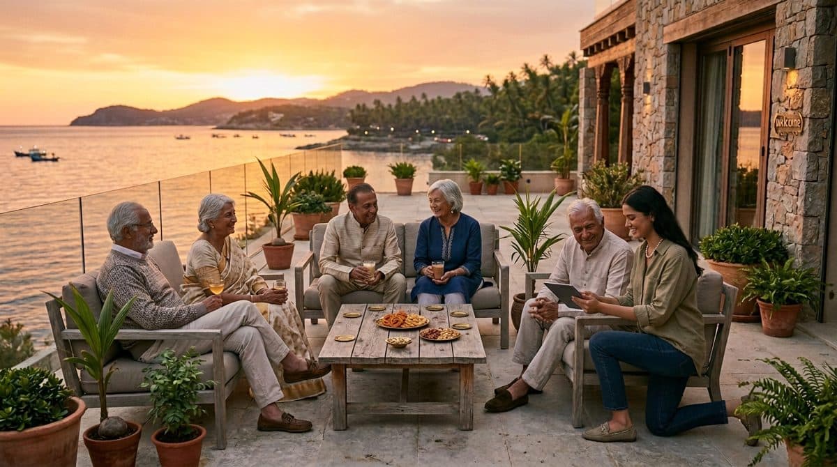 A group of elders together on a seaside terrace at golden hour