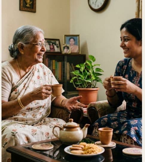 A Concierge and an elder in conversation over tea